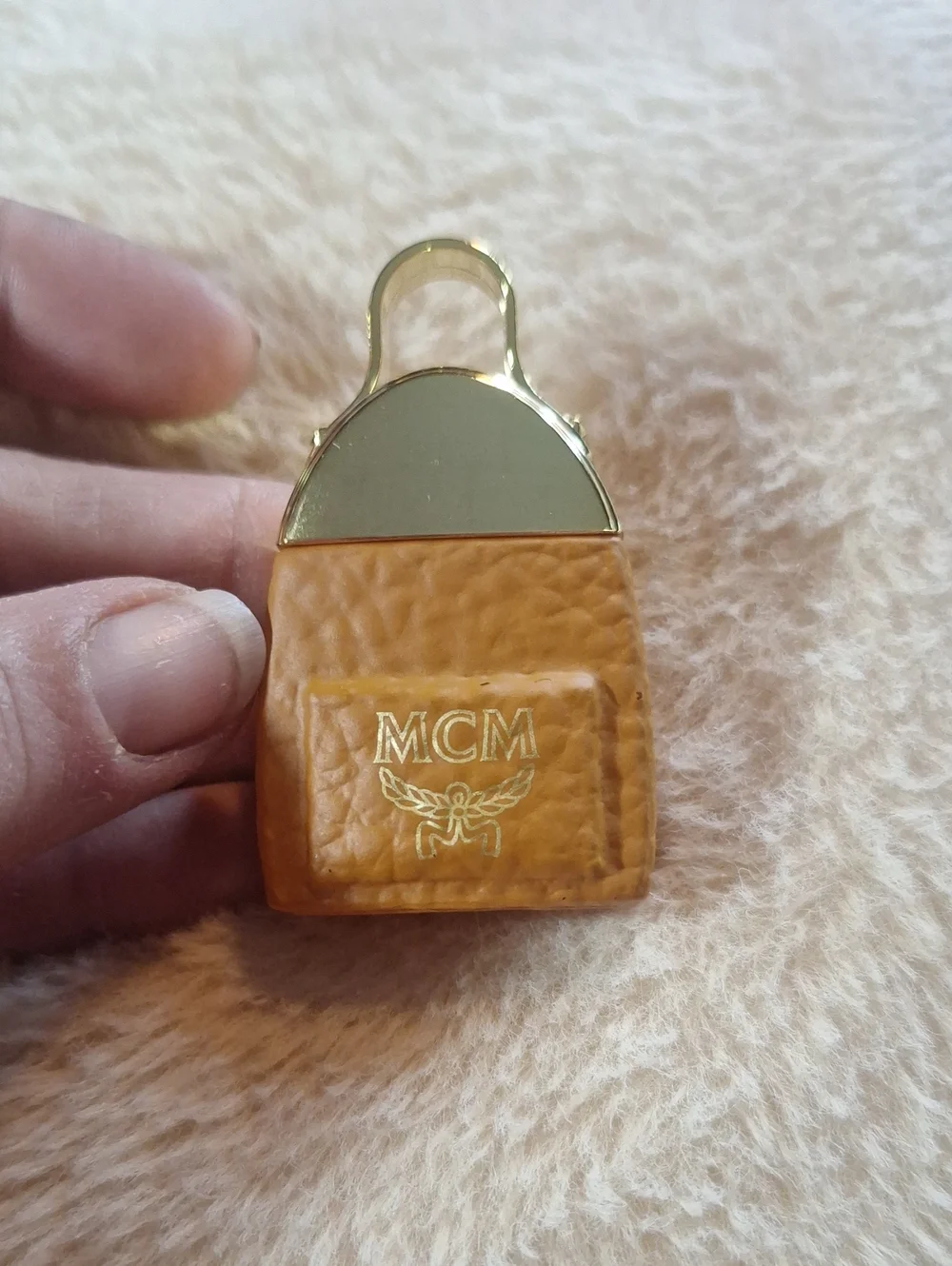 MCM Tan Leather Mini Bag Charm with Gold Accents 5 Ml Dabber. New No Box.